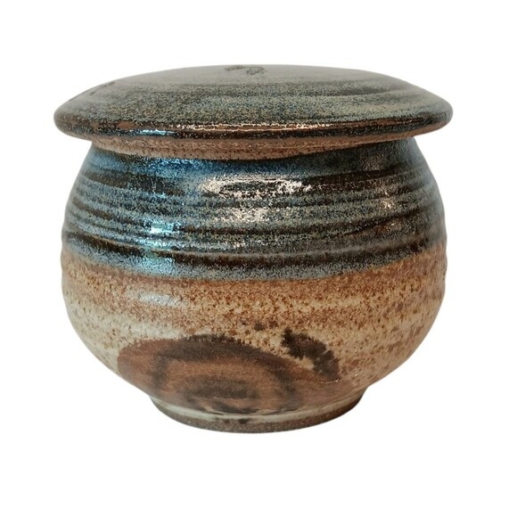 Sherwood Pottery Blue Lidded Jar Brown Swirl Jam Jar Or Trinket Box 3.5" x 2.5" - Picture 1 of 12